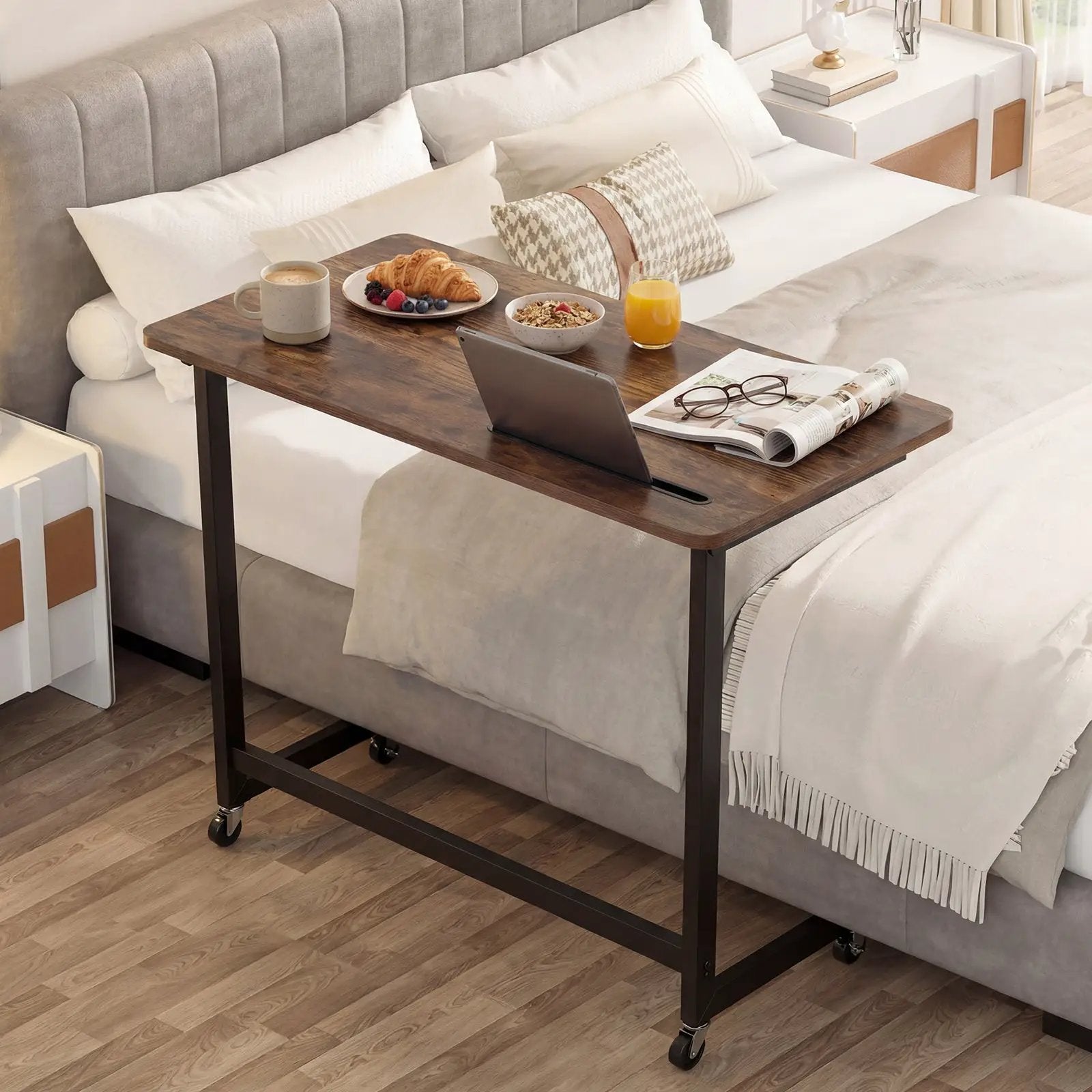 Mobile Side Table Rolling Laptop Desk Cart with Tablet Slot-Rustic Brown by DirectDeals