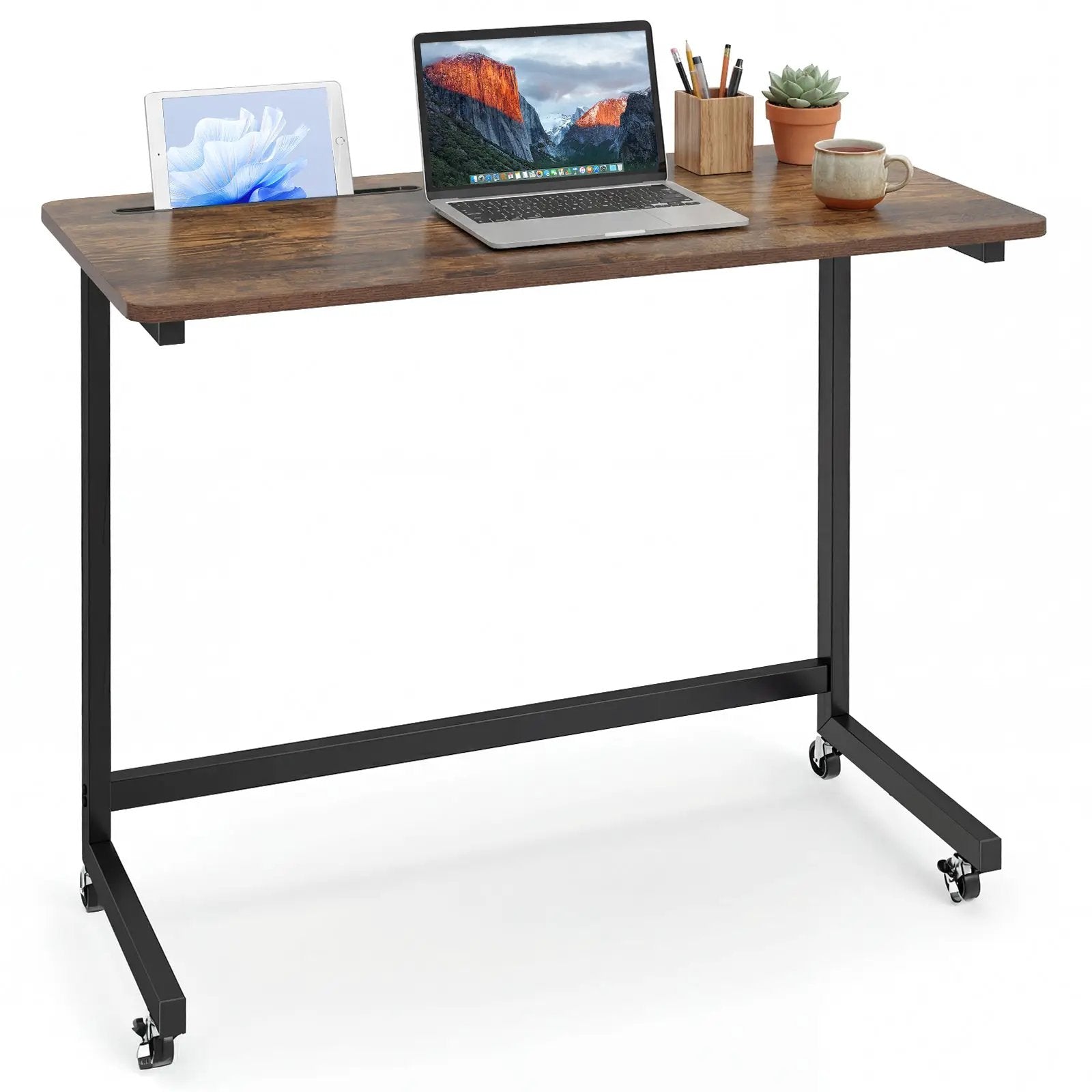 Mobile Side Table Rolling Laptop Desk Cart with Tablet Slot-Rustic Brown by DirectDeals