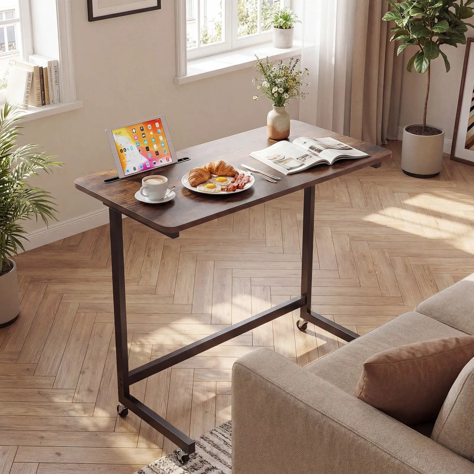 Mobile Side Table Rolling Laptop Desk Cart with Tablet Slot-Rustic Brown by DirectDeals