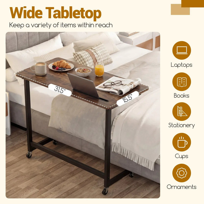 Mobile Side Table Rolling Laptop Desk Cart with Tablet Slot-Rustic Brown by DirectDeals