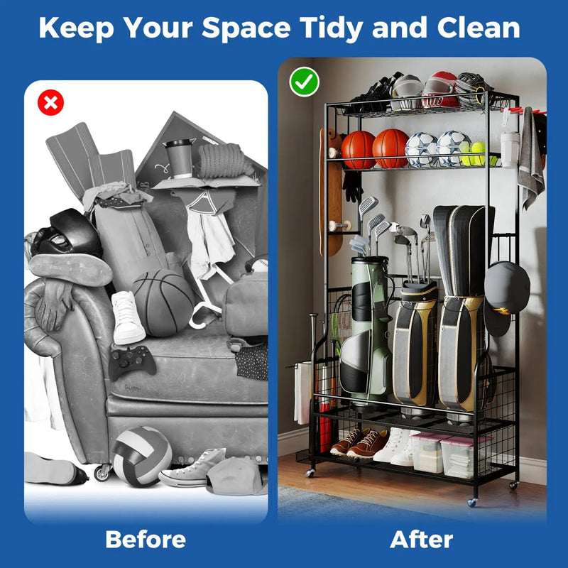 Mobile Sports Equipment Organizer with Golf Bags Storage and Club Rack by DirectDeals