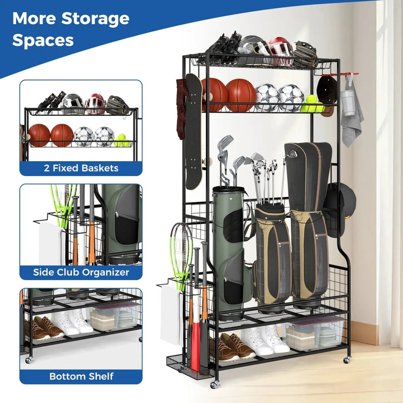 Mobile Sports Equipment Organizer with Golf Bags Storage and Club Rack by DirectDeals