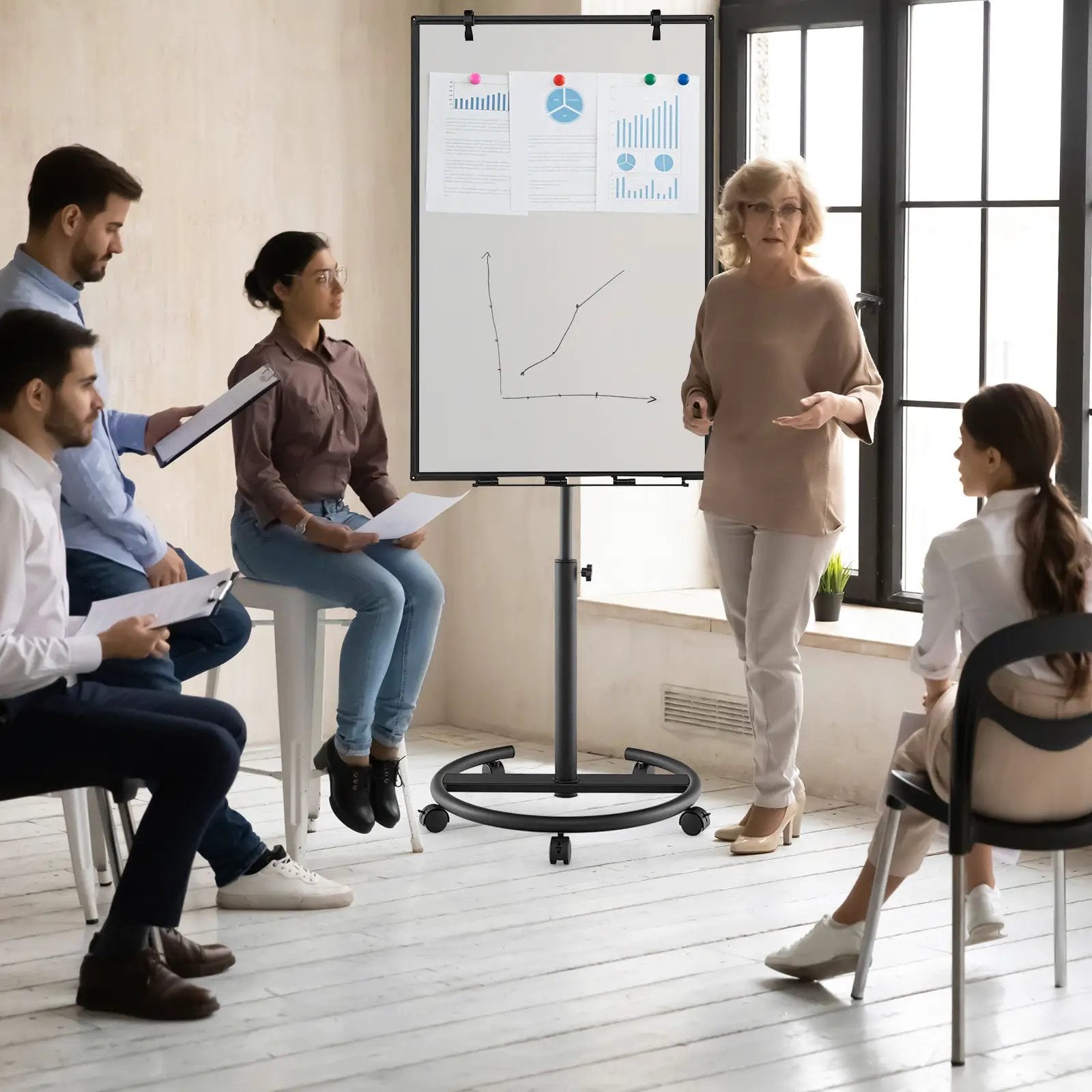 Height-Adjustable Mobile Whiteboard with Round Stand Paper Clips by DirectDeals