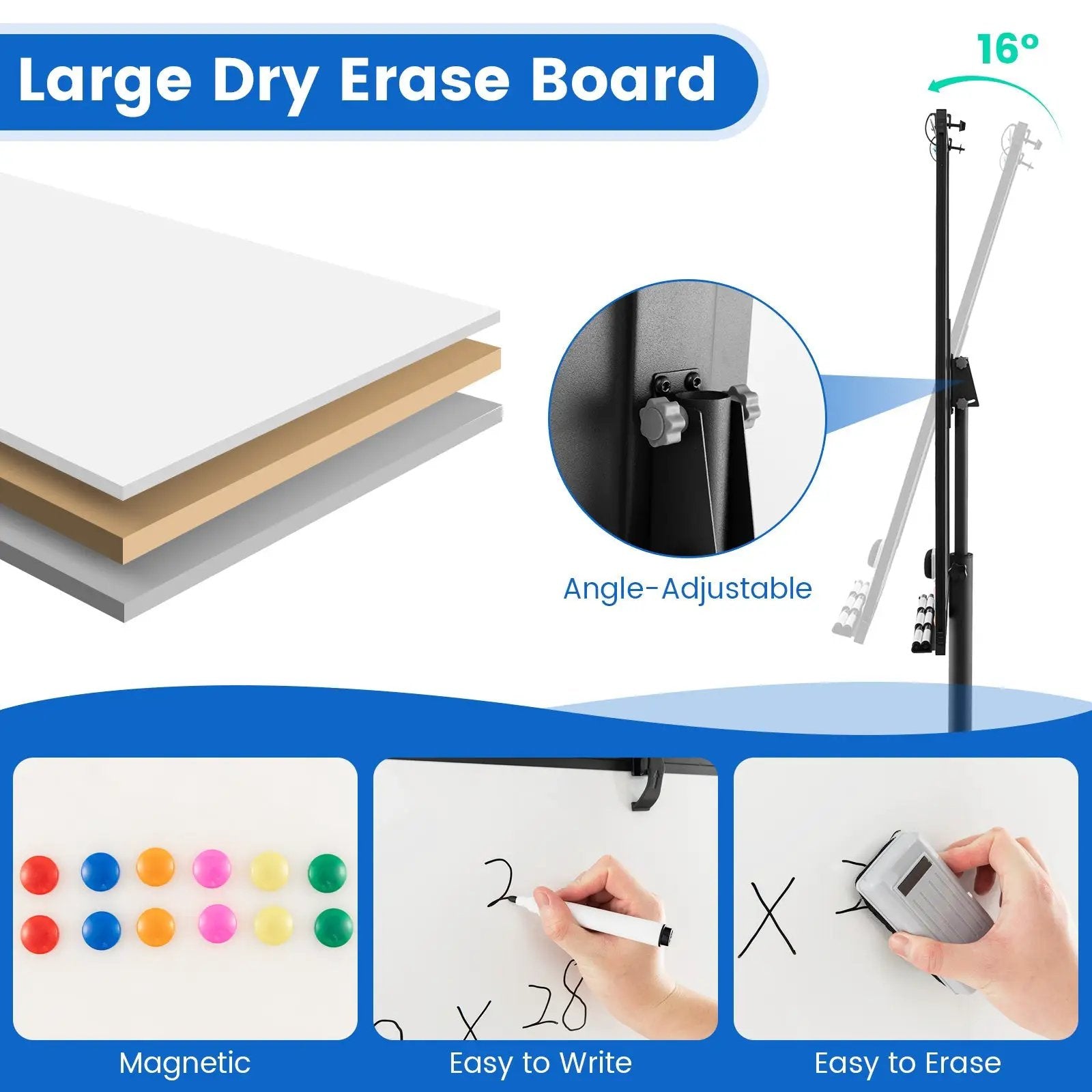 Height-Adjustable Mobile Whiteboard with Round Stand Paper Clips by DirectDeals