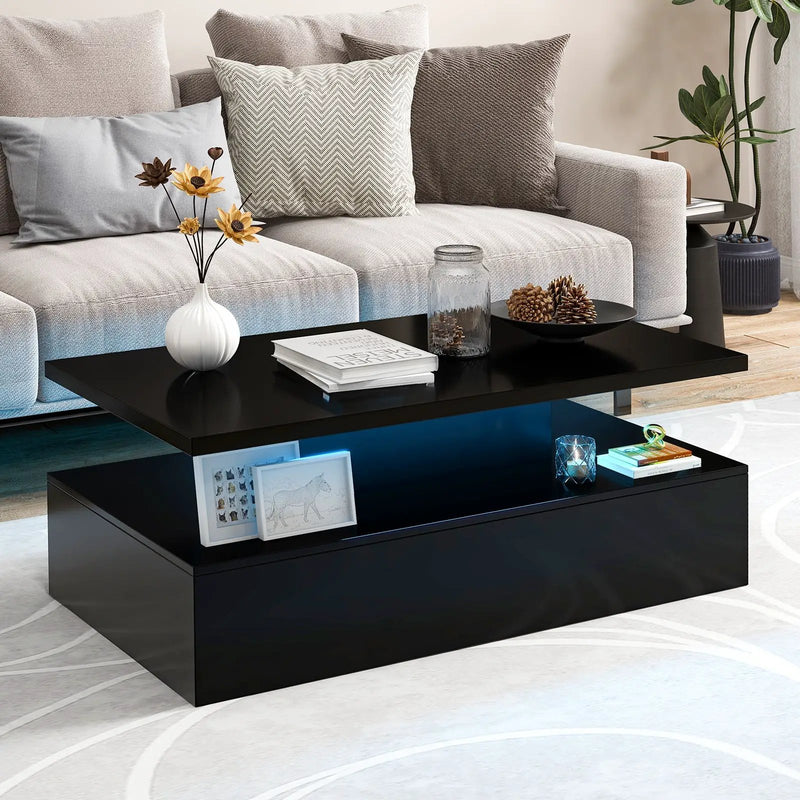 Modern 2-tier High Glossy Table with Adjustable Light Colors for Living Room by DirectDeals