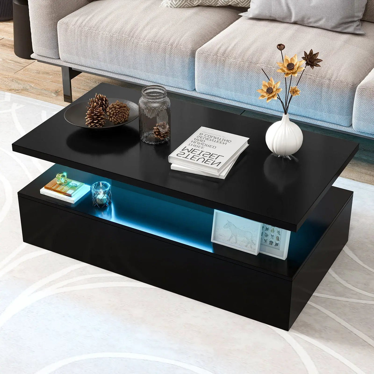 Modern 2-tier High Glossy Table with Adjustable Light Colors for Living Room by DirectDeals