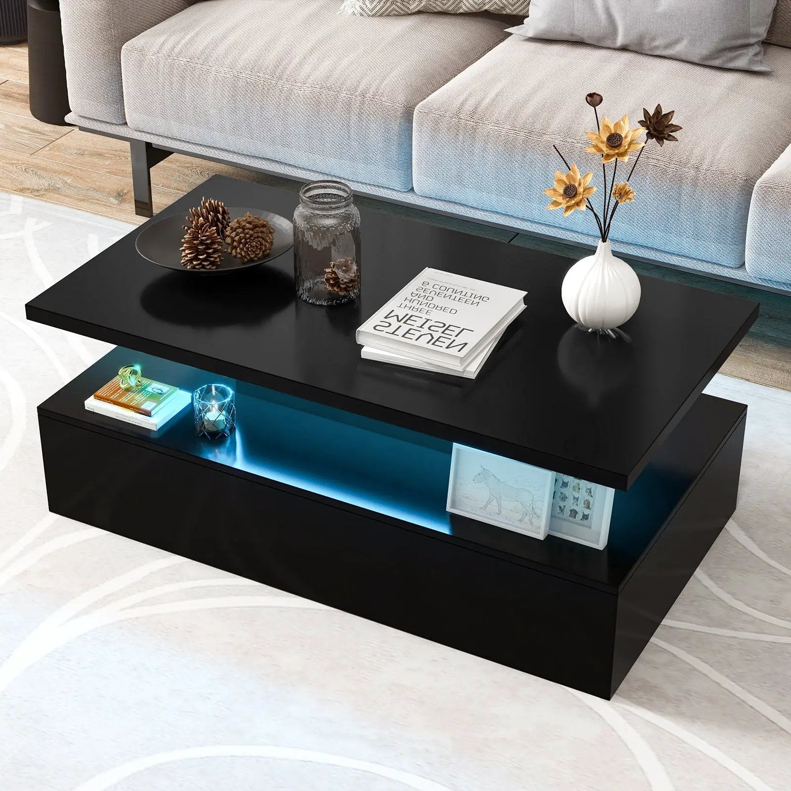 Modern 2-tier High Glossy Table with Adjustable Light Colors for Living Room by DirectDeals
