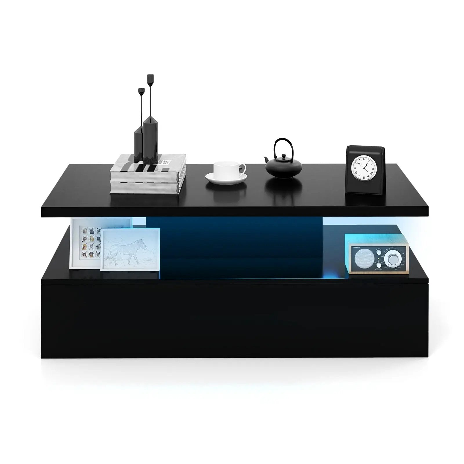 Modern 2-tier High Glossy Table with Adjustable Light Colors for Living Room by DirectDeals