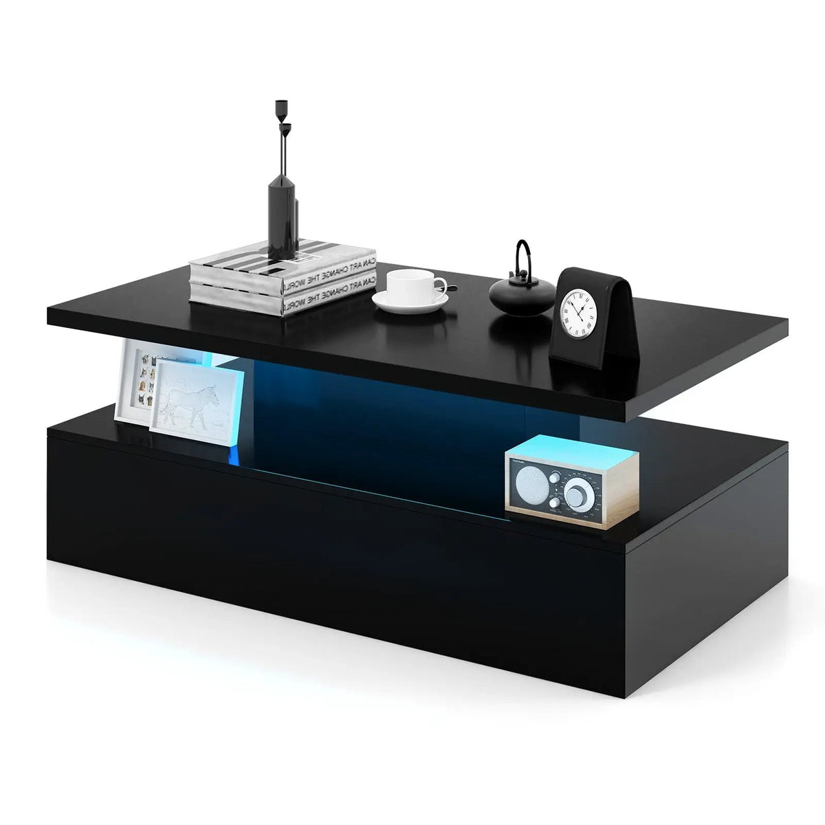 Modern 2-tier High Glossy Table with Adjustable Light Colors for Living Room by DirectDeals
