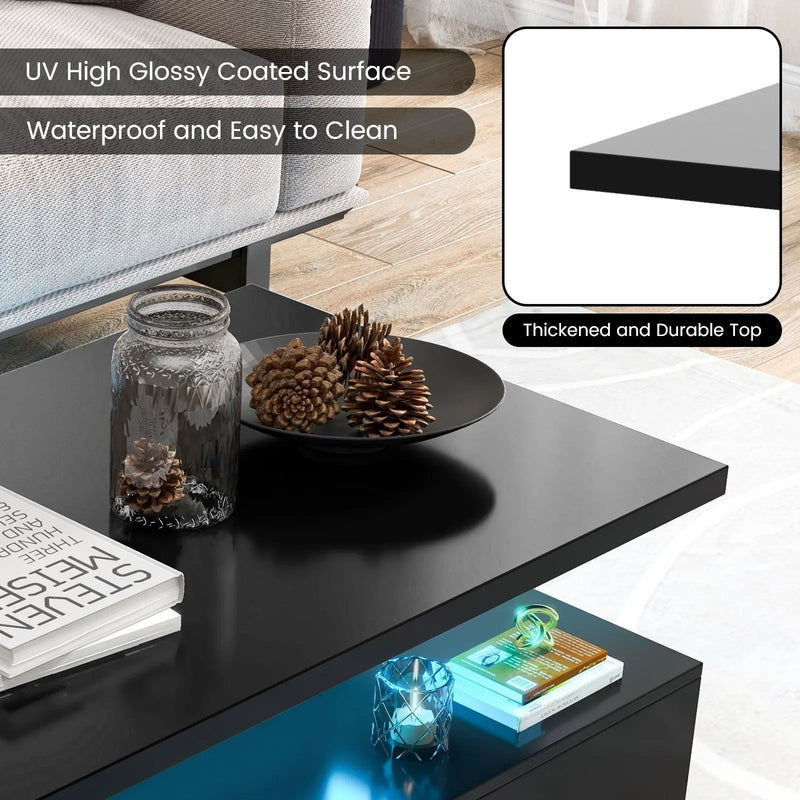 Modern 2-tier High Glossy Table with Adjustable Light Colors for Living Room by DirectDeals