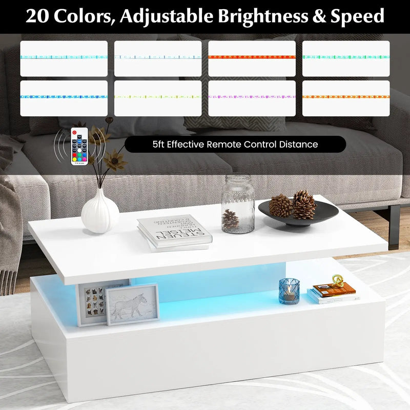 Modern 2-tier High Glossy Table with Adjustable Light Colors for Living Room by DirectDeals