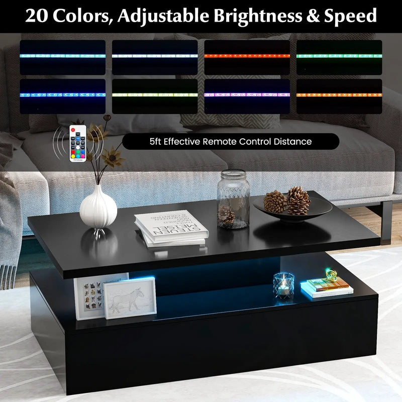 Modern 2-tier High Glossy Table with Adjustable Light Colors for Living Room by DirectDeals