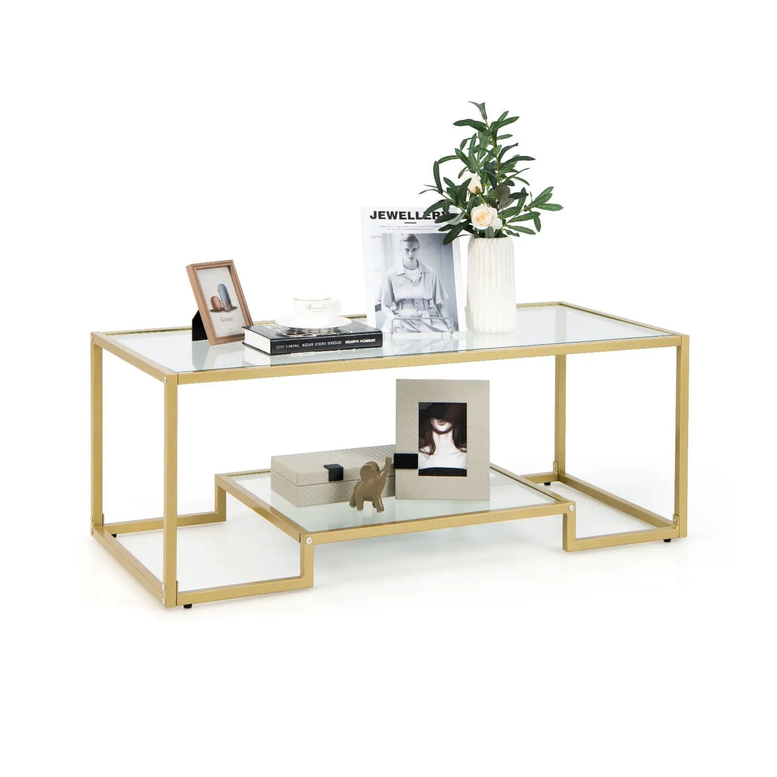 Modern 2-Tier Rectangular Coffee Table with Glass Table Top by DirectDeals