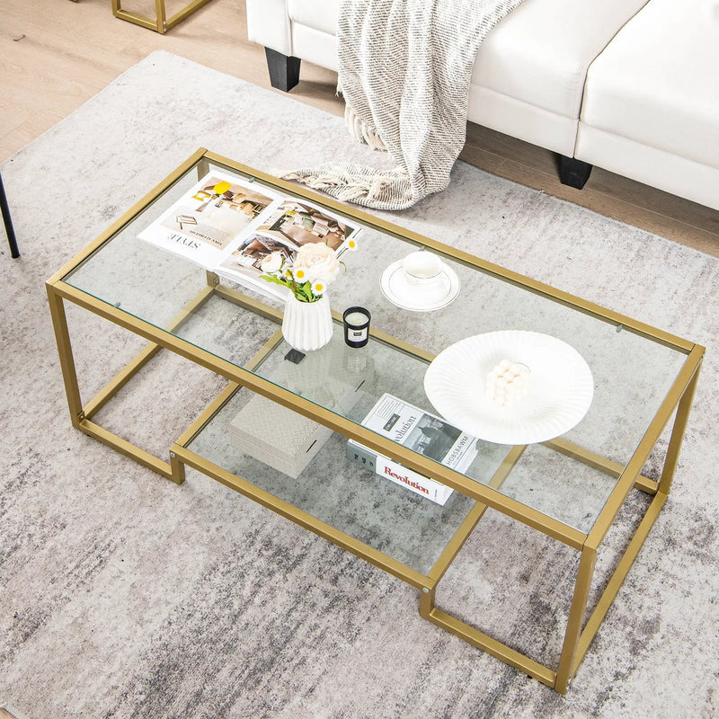 Modern 2-Tier Rectangular Coffee Table with Glass Table Top by DirectDeals