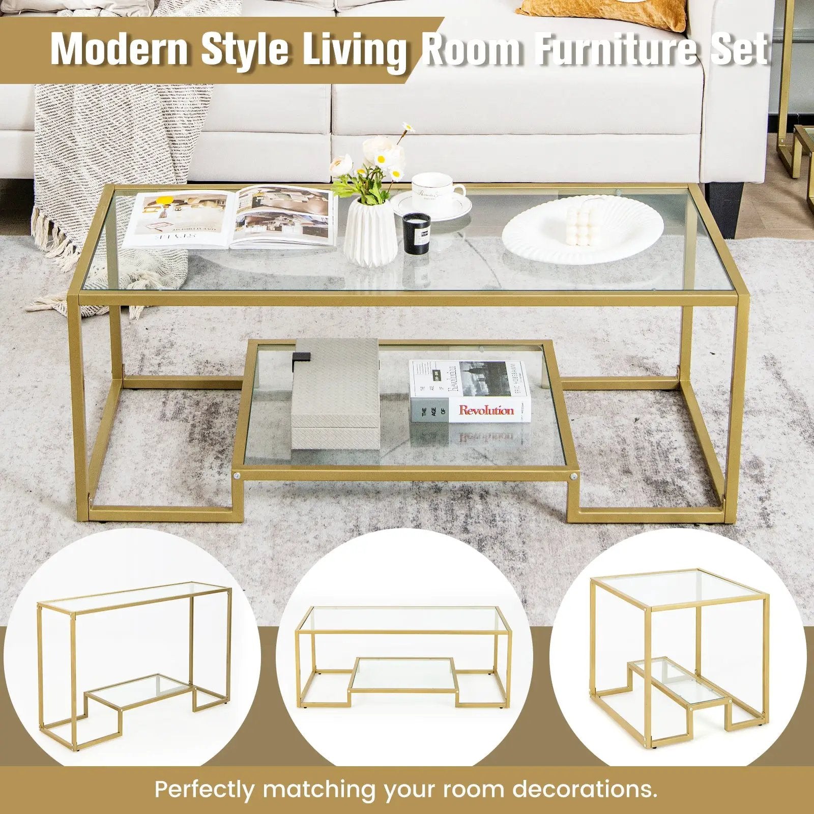 Modern 2-Tier Rectangular Coffee Table with Glass Table Top by DirectDeals