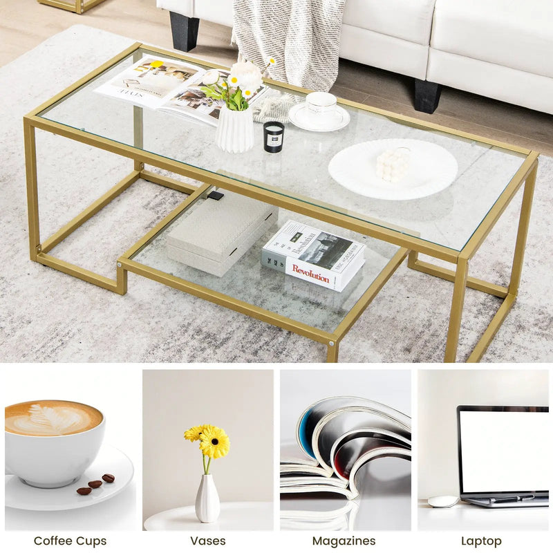 Modern 2-Tier Rectangular Coffee Table with Glass Table Top by DirectDeals