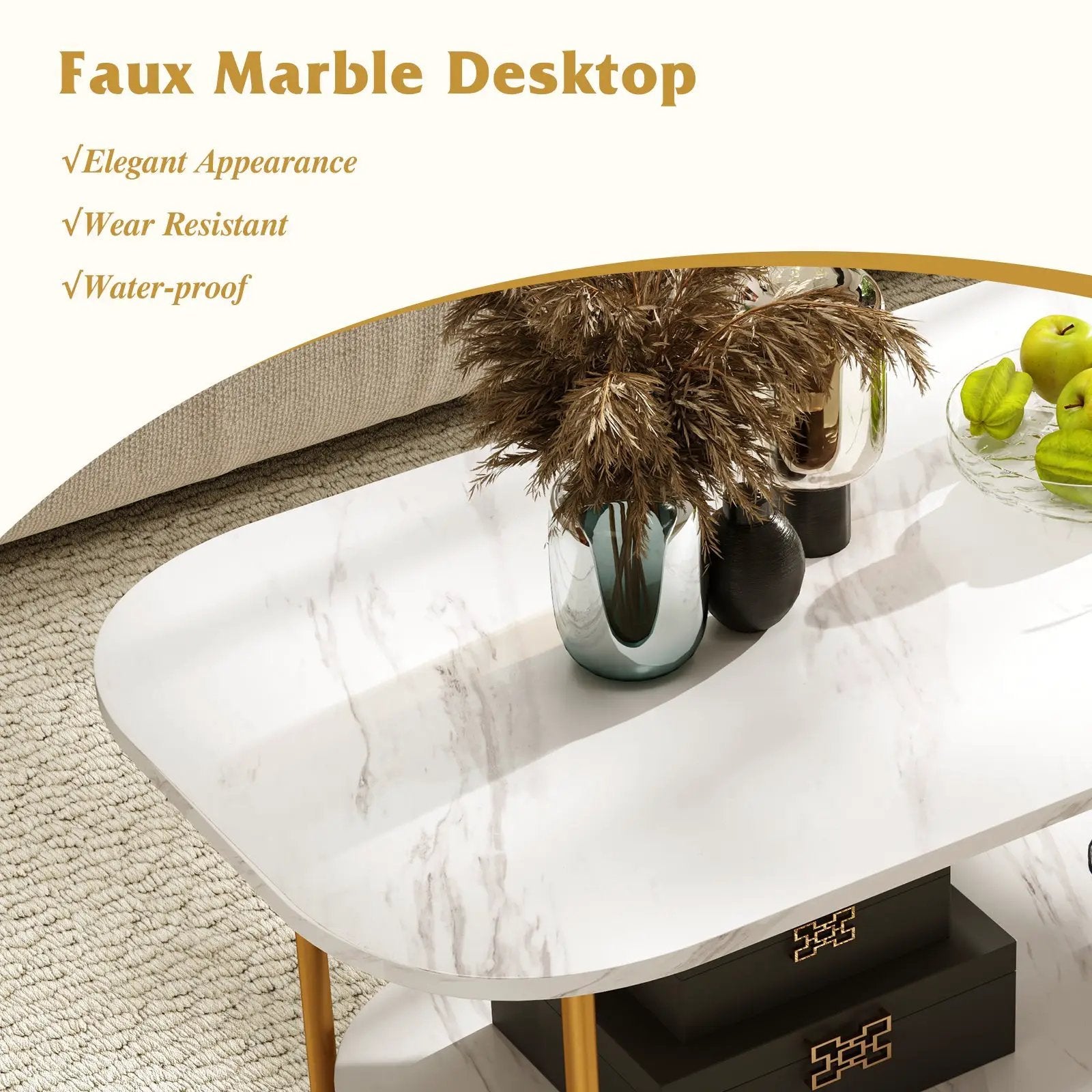 Modern 2-tier Faux Marble Top Coffee Table-White by DirectDeals