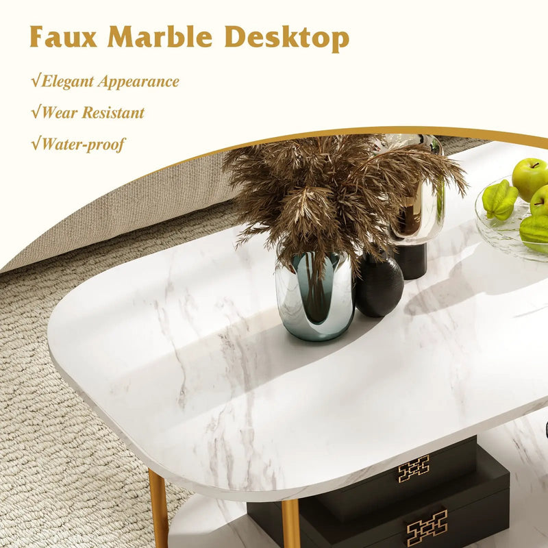 Modern 2-tier Faux Marble Top Coffee Table-White by DirectDeals