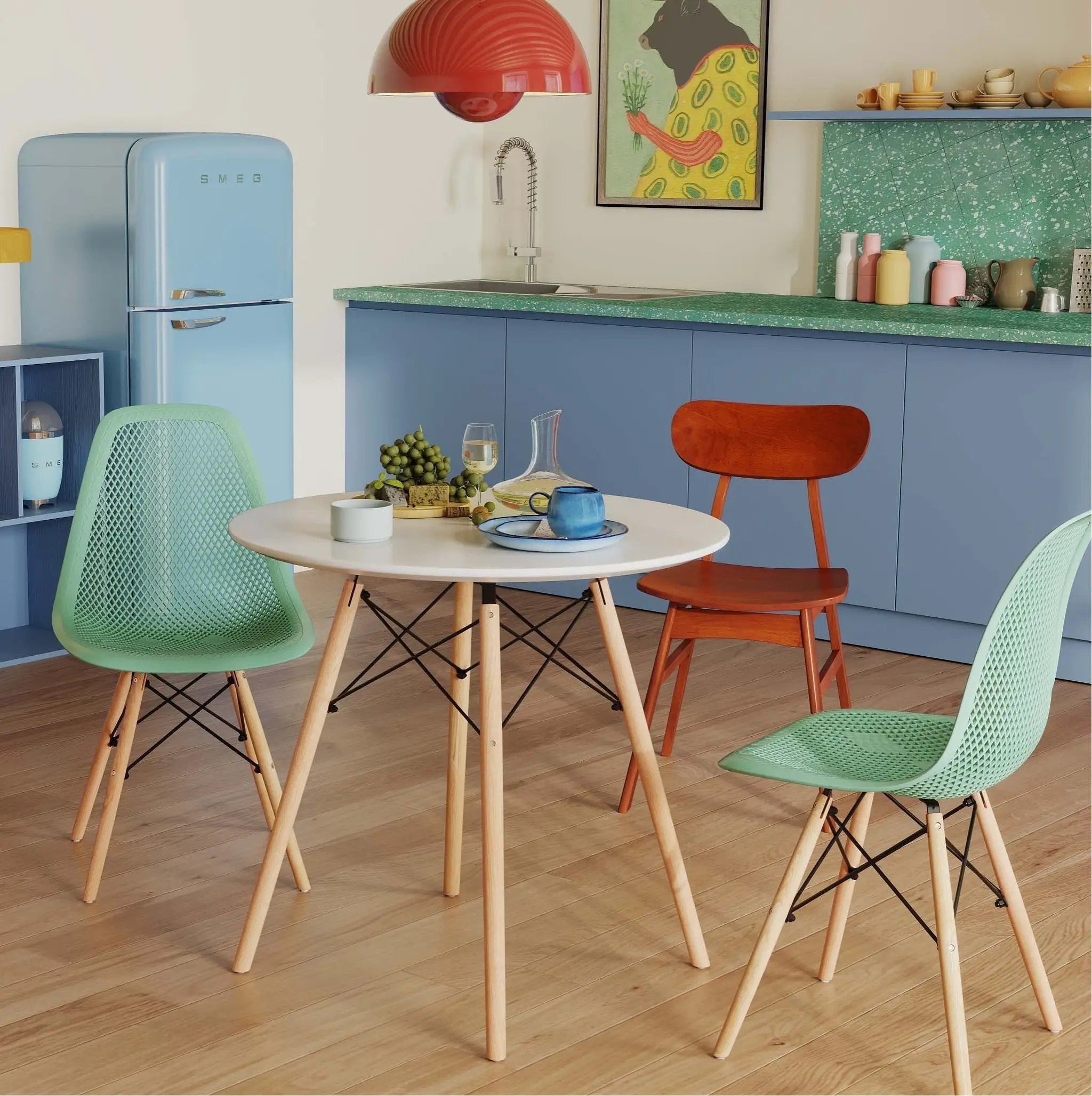 Modern 3-Piece Dining Set: Round Table with Set of 2 Hollow Plastic Chairs by DirectDeals