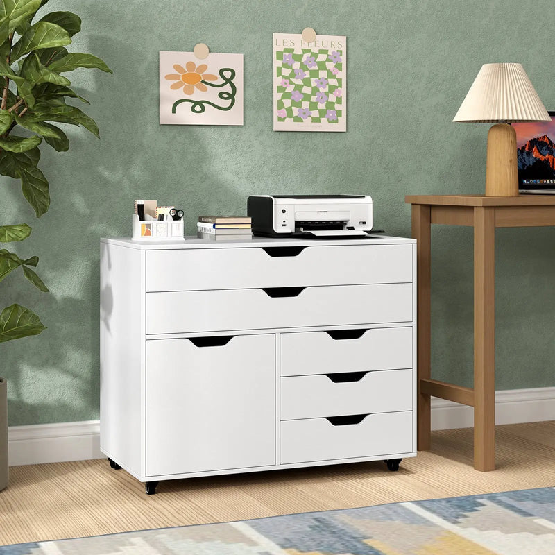 Modern Vertical 5-Drawer Mobile Chest with Door 5 Casters by DirectDeals