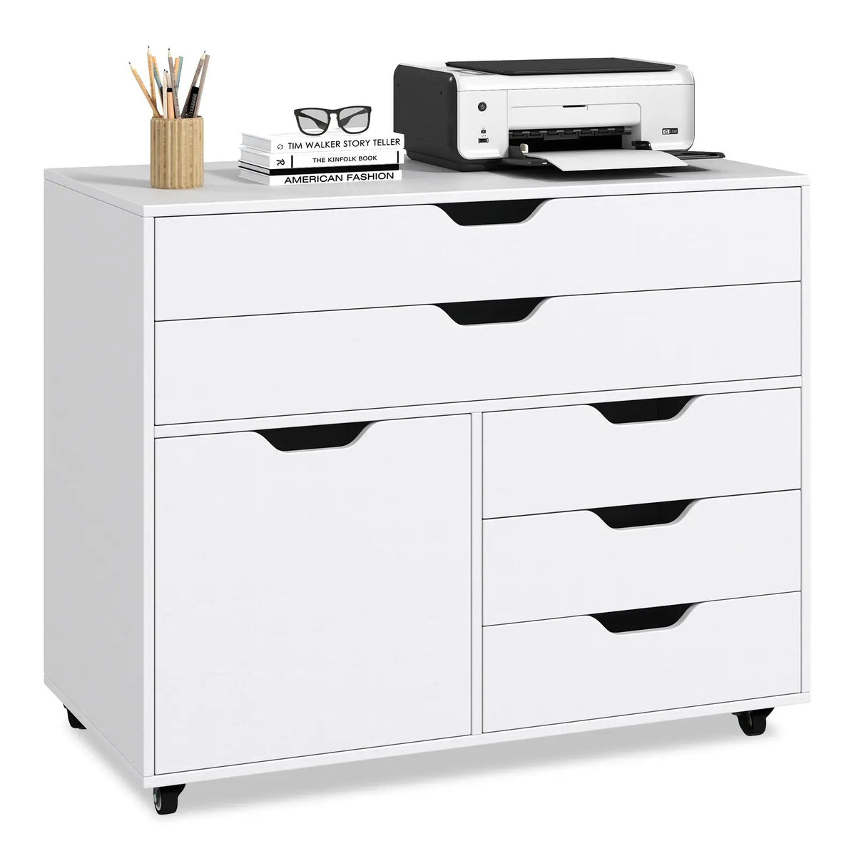 Modern Vertical 5-Drawer Mobile Chest with Door 5 Casters by DirectDeals