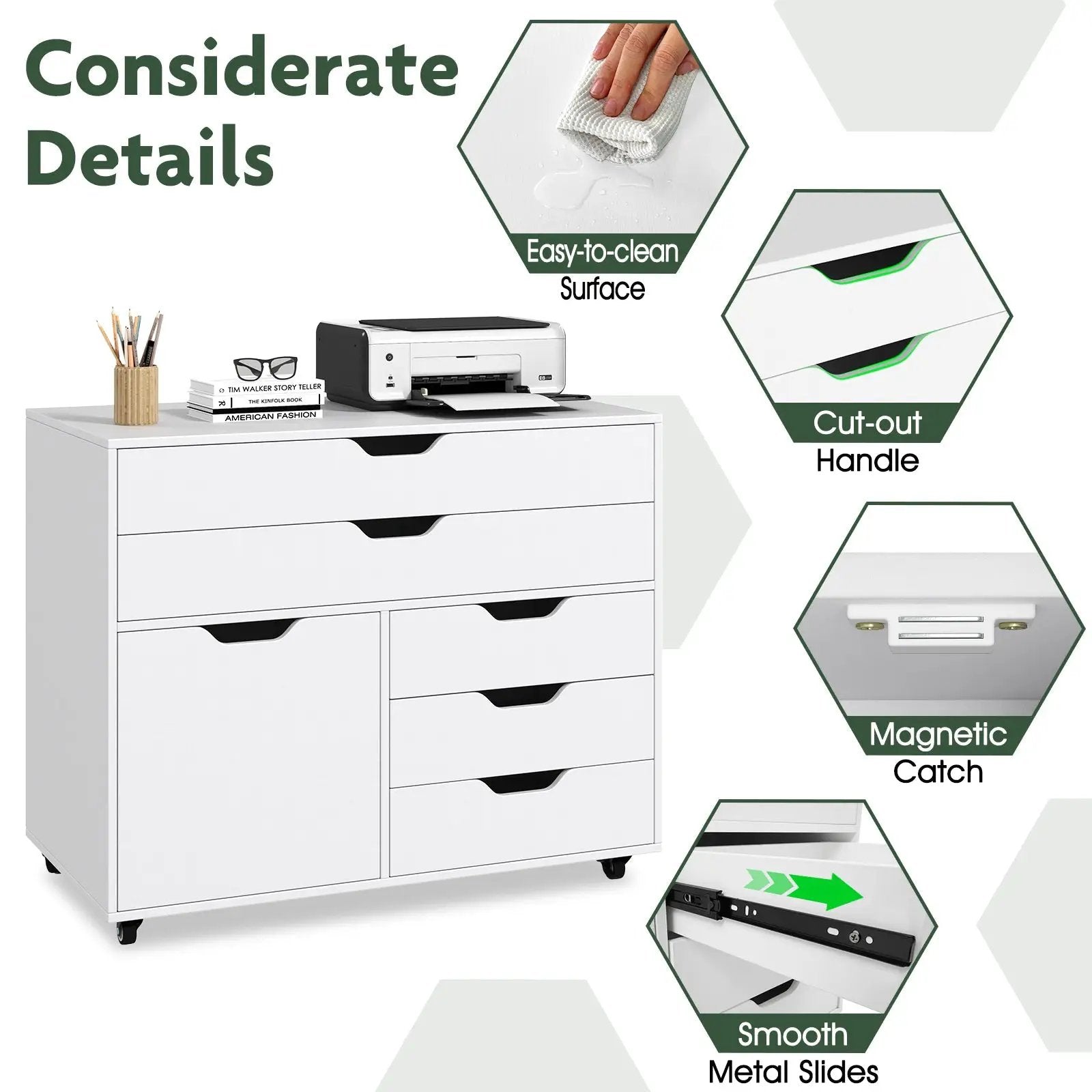 Modern Vertical 5-Drawer Mobile Chest with Door 5 Casters by DirectDeals