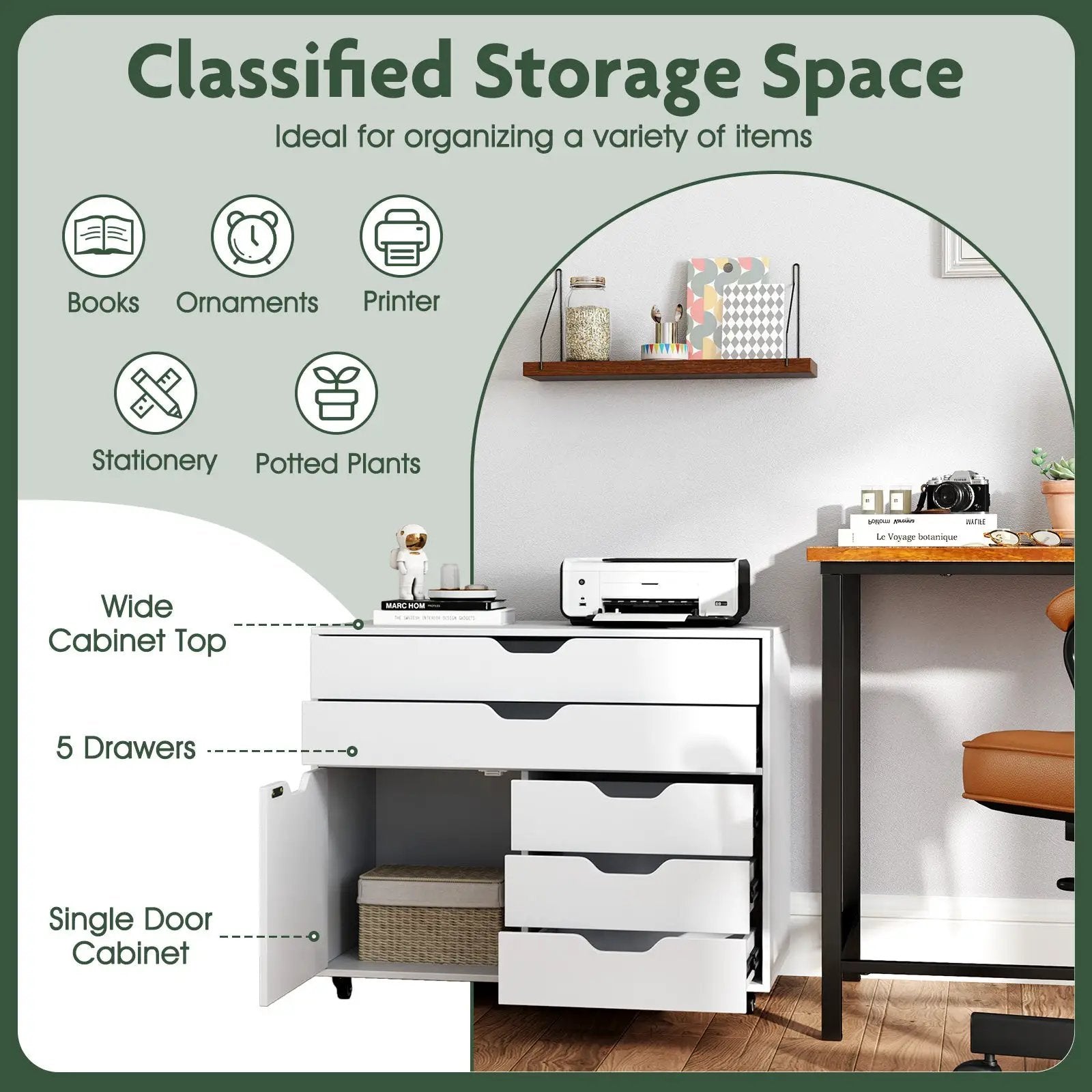 Modern Vertical 5-Drawer Mobile Chest with Door 5 Casters by DirectDeals