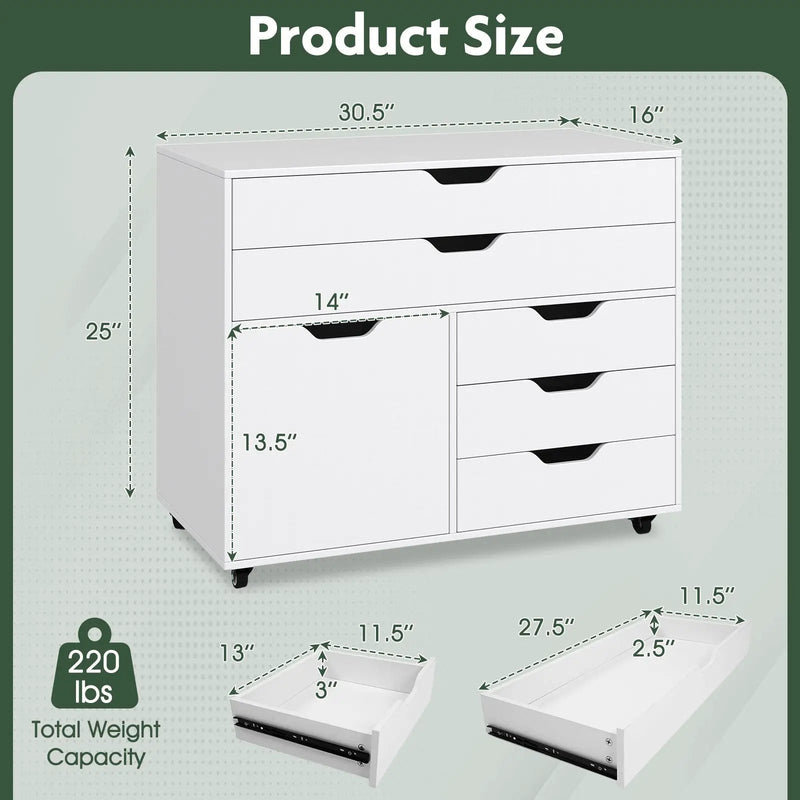 Modern Vertical 5-Drawer Mobile Chest with Door 5 Casters by DirectDeals