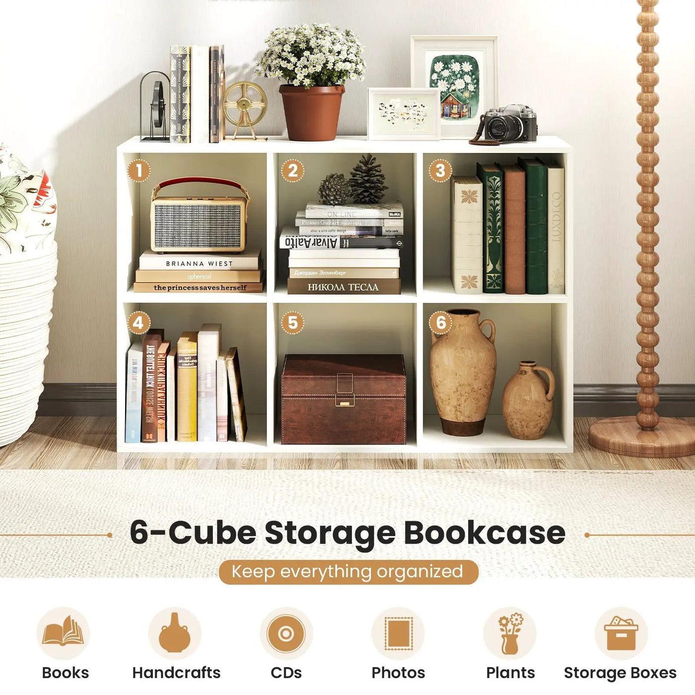 Modern 6-Cube Bookcase with Anti-tipping Kits for Bedroom Living Room-White by DirectDeals