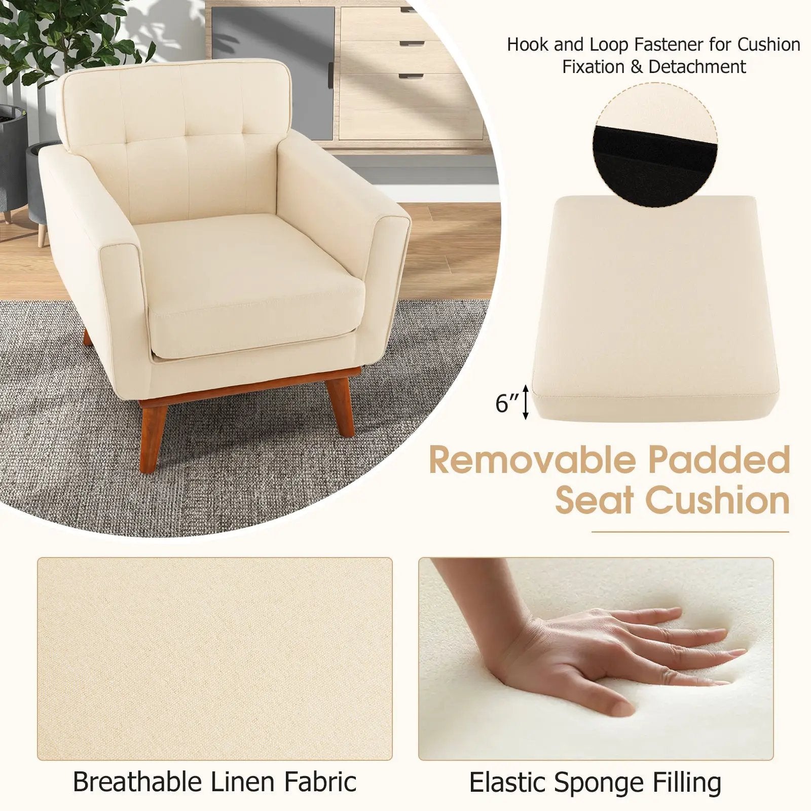 Modern Accent Chair Upholstered Linen Fabric Armchair with Removable Padded Seat Cushion by DirectDeals
