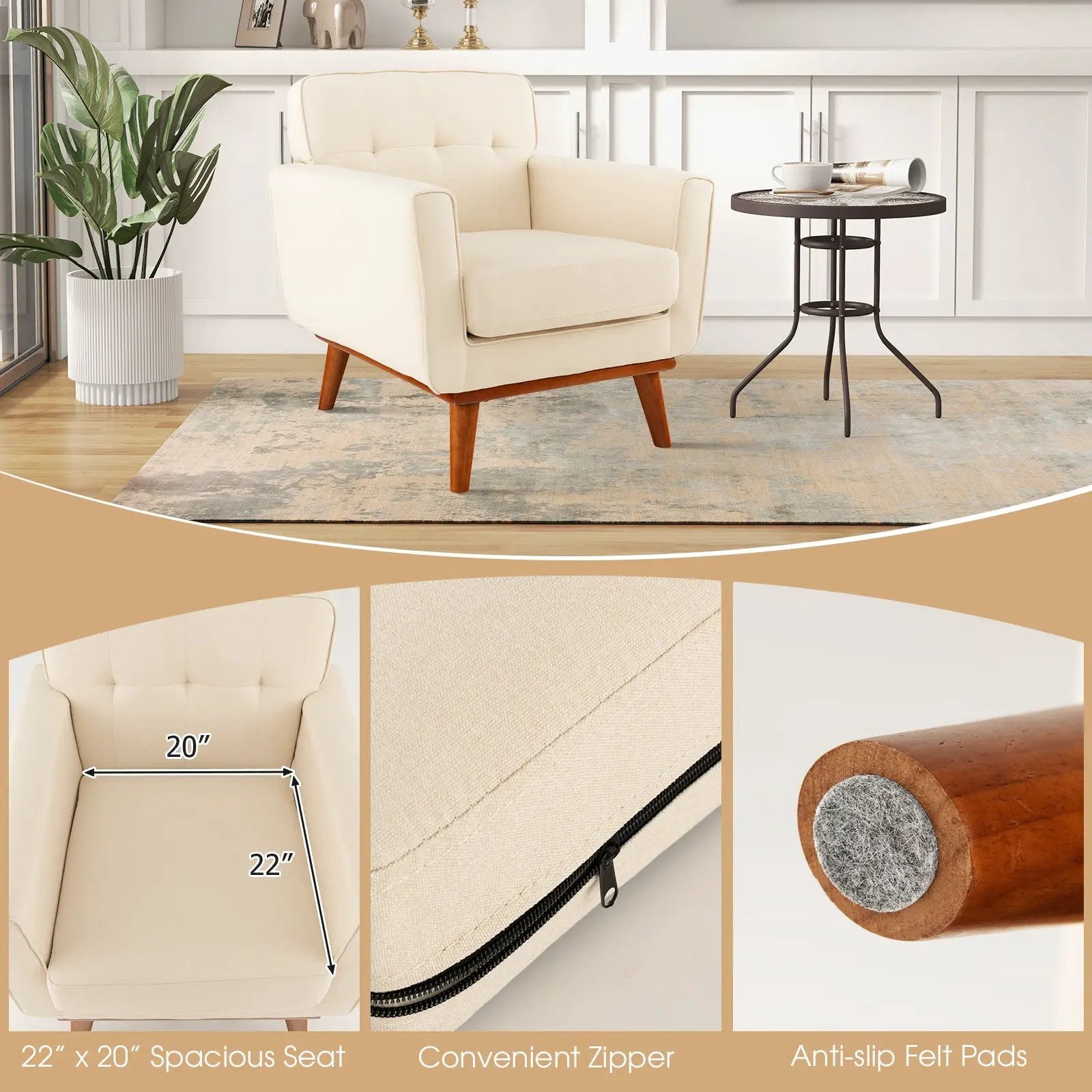 Modern Accent Chair Upholstered Linen Fabric Armchair with Removable Padded Seat Cushion by DirectDeals