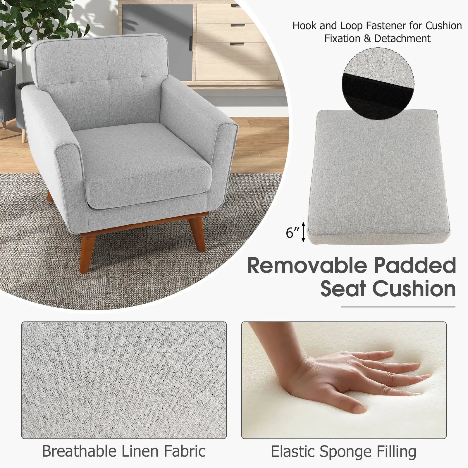 Modern Accent Chair Upholstered Linen Fabric Armchair with Removable Padded Seat Cushion by DirectDeals