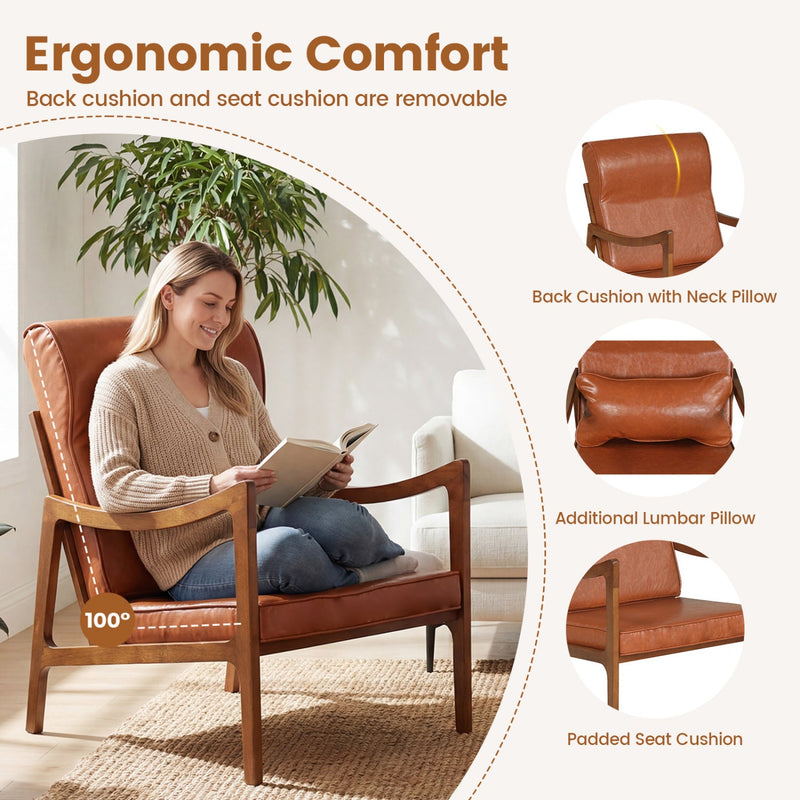 Modern Accent Chair with Solid Rubber Wood Faux Leather Upholstered Armchair by DirectDeals