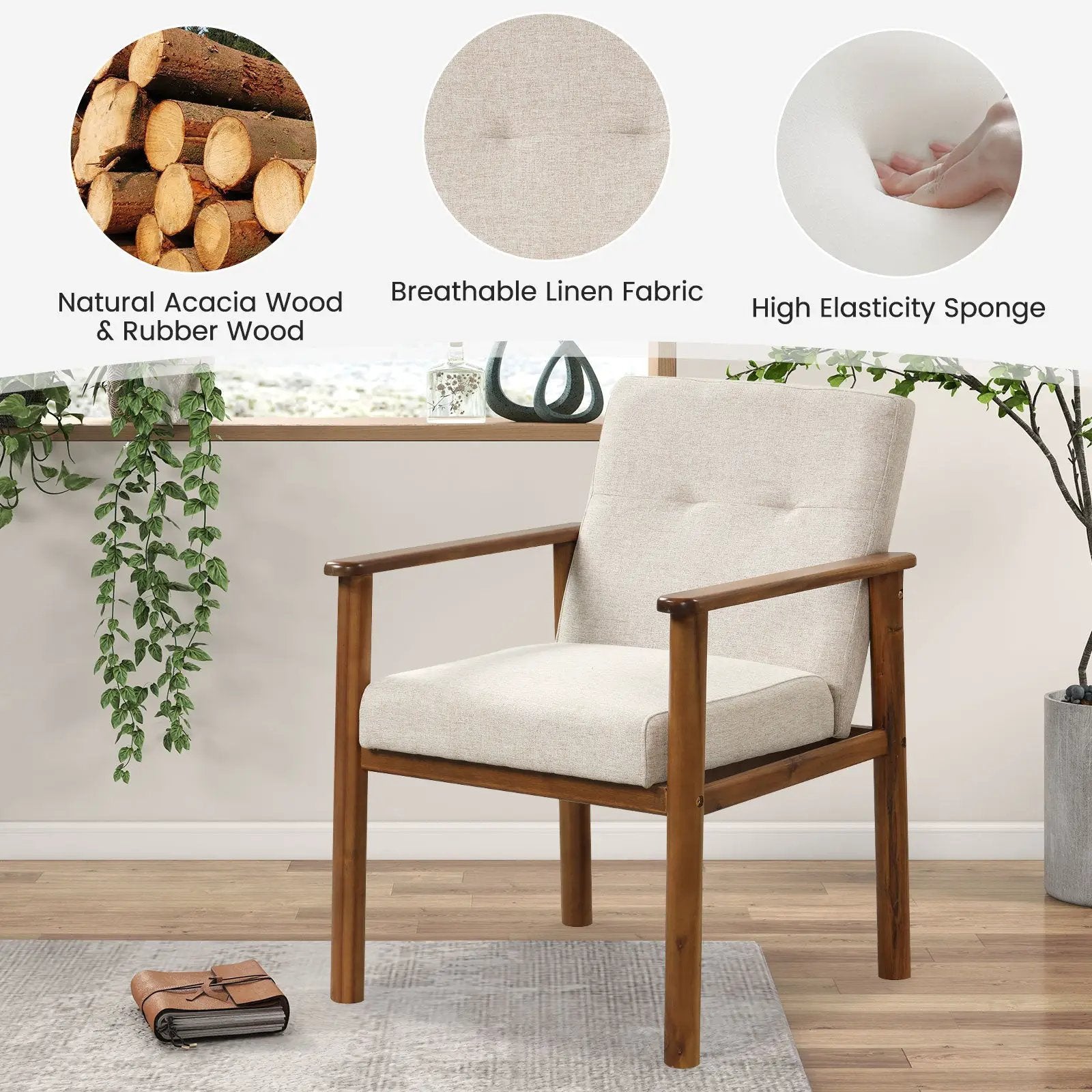Modern Accent Linen Fabric Armchair with Solid Wood Legs and Soft Cushioned Seat by DirectDeals