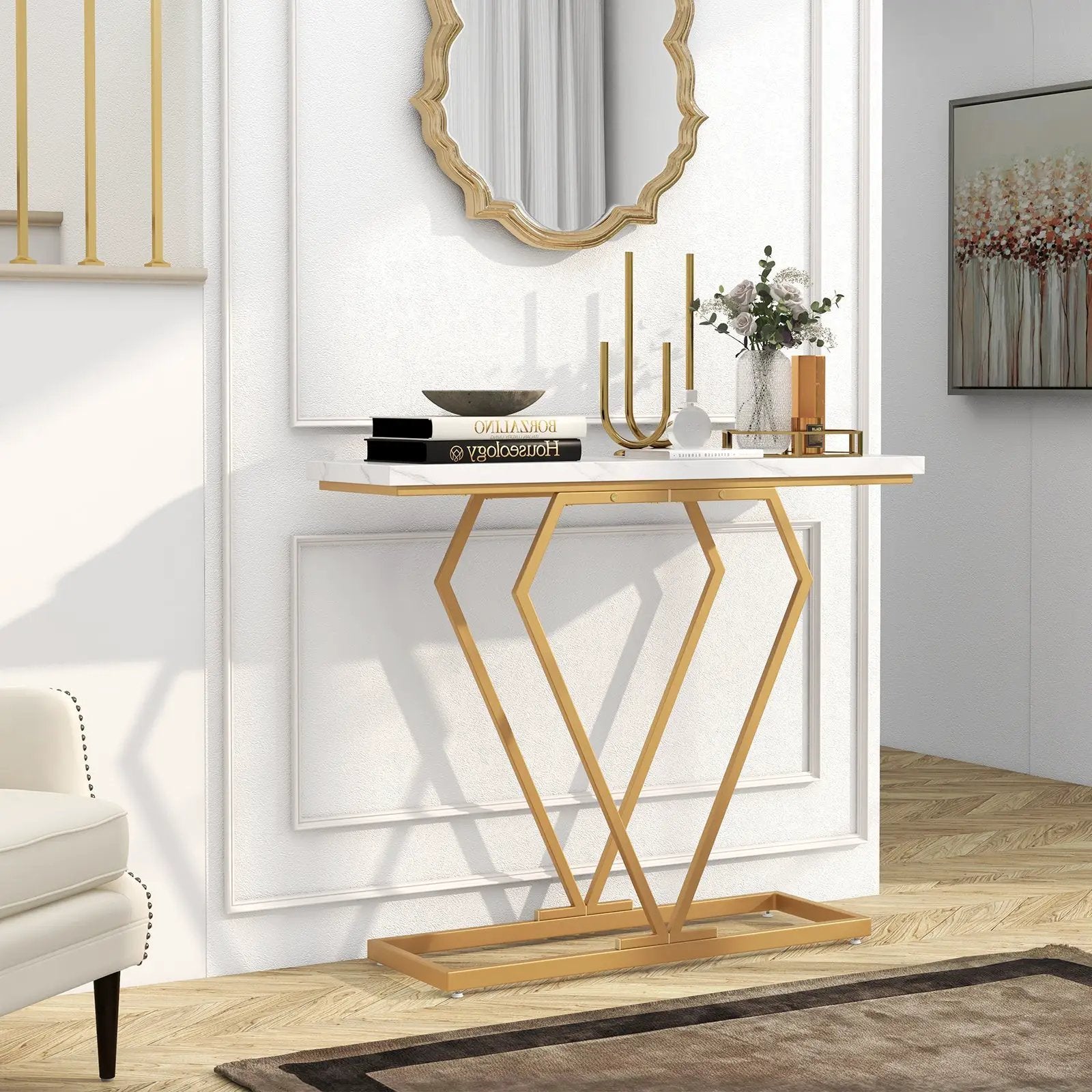 Gold Console Table with Diamond Shape Geometric Frame-White by DirectDeals