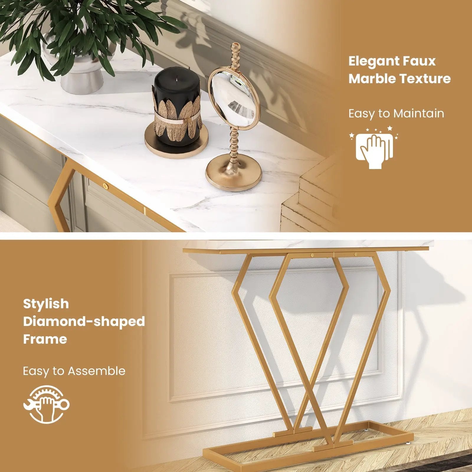 Gold Console Table with Diamond Shape Geometric Frame-White by DirectDeals