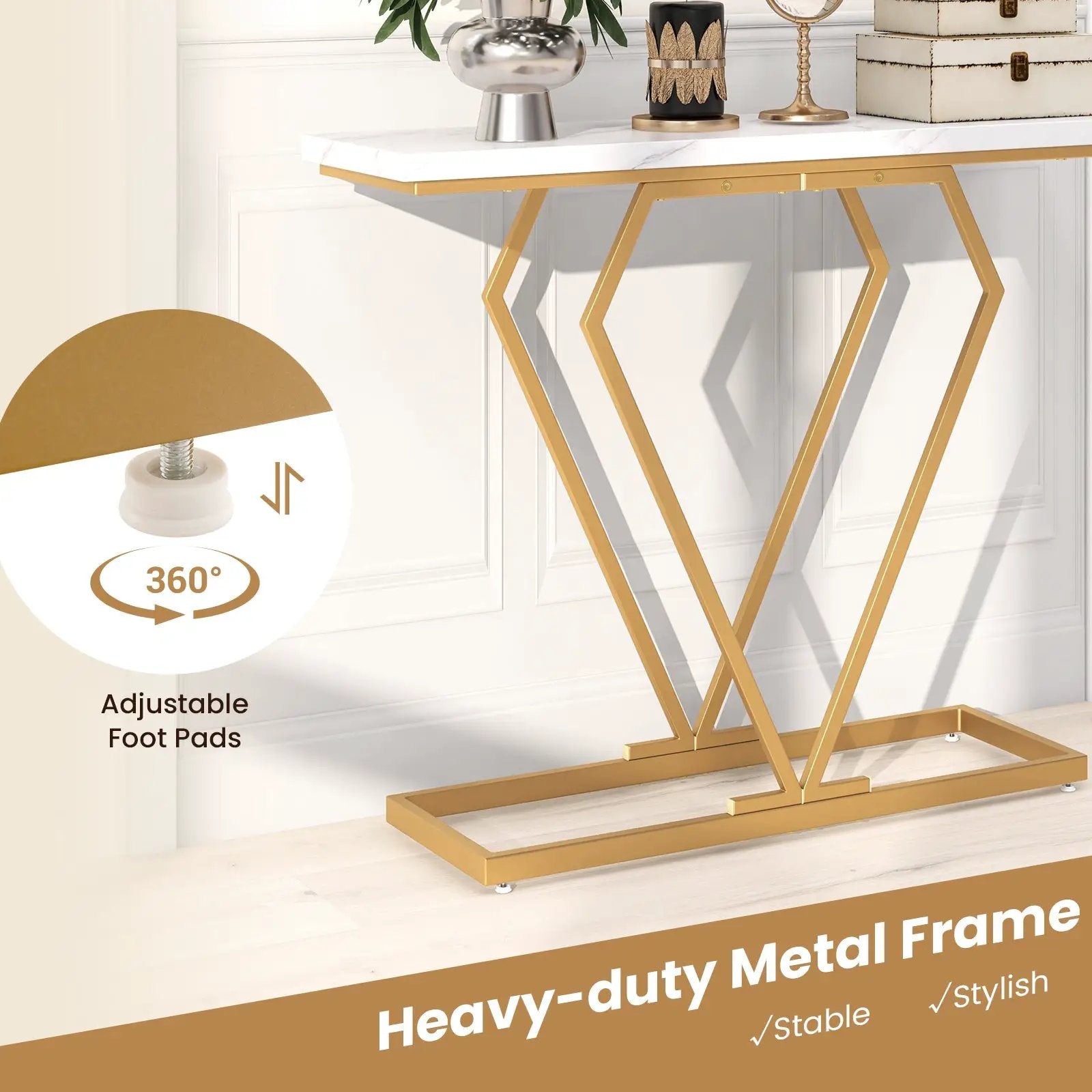 Gold Console Table with Diamond Shape Geometric Frame-White by DirectDeals