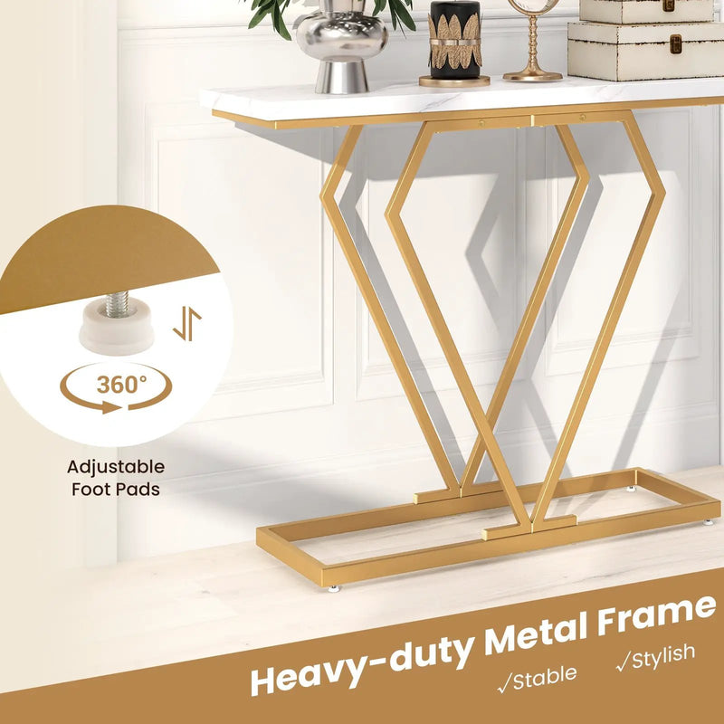 Gold Console Table with Diamond Shape Geometric Frame-White by DirectDeals