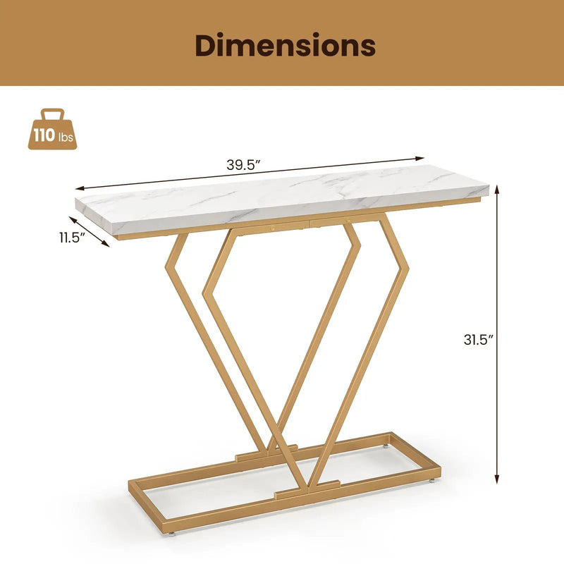 Gold Console Table with Diamond Shape Geometric Frame-White by DirectDeals