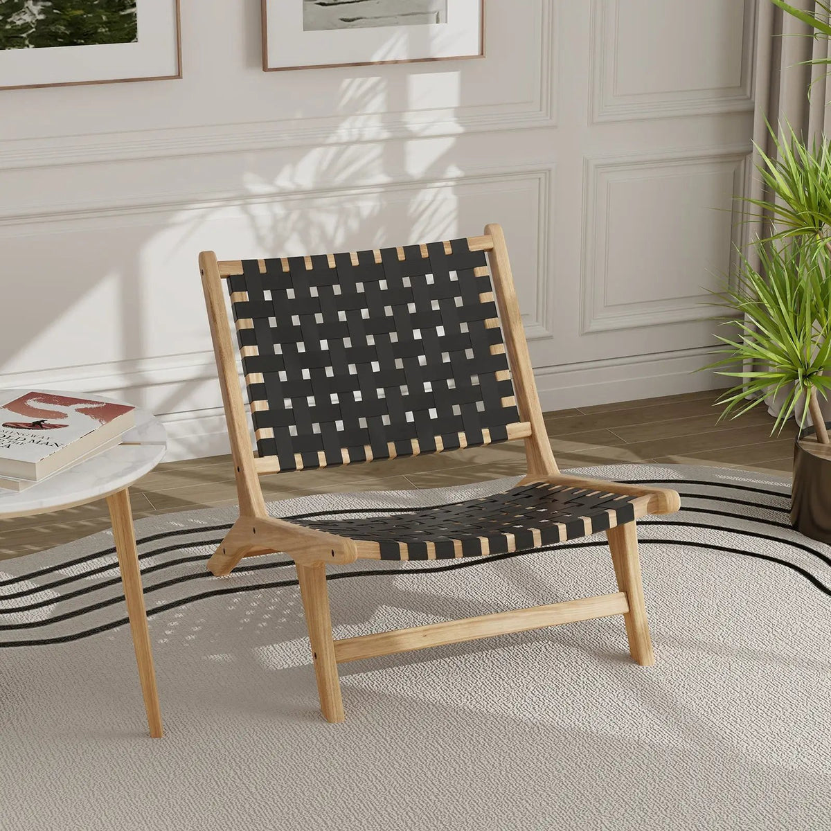 Modern Armless Teak Wood Lounge Chair with Nylon Woven Backrest and Seat by DirectDeals