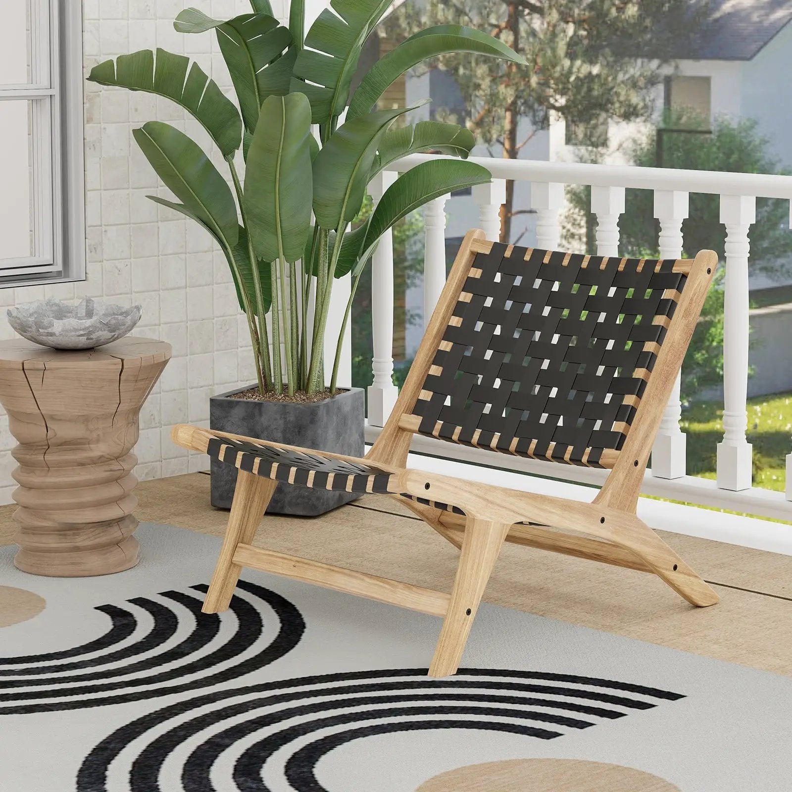 Modern Armless Teak Wood Lounge Chair with Nylon Woven Backrest and Seat by DirectDeals
