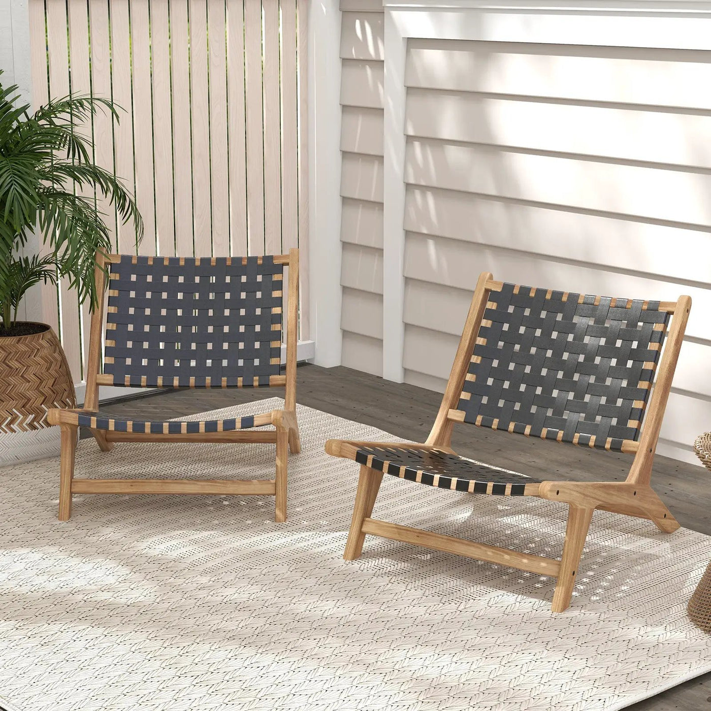 Modern Armless Teak Wood Lounge Chair with Nylon Woven Backrest and Seat by DirectDeals
