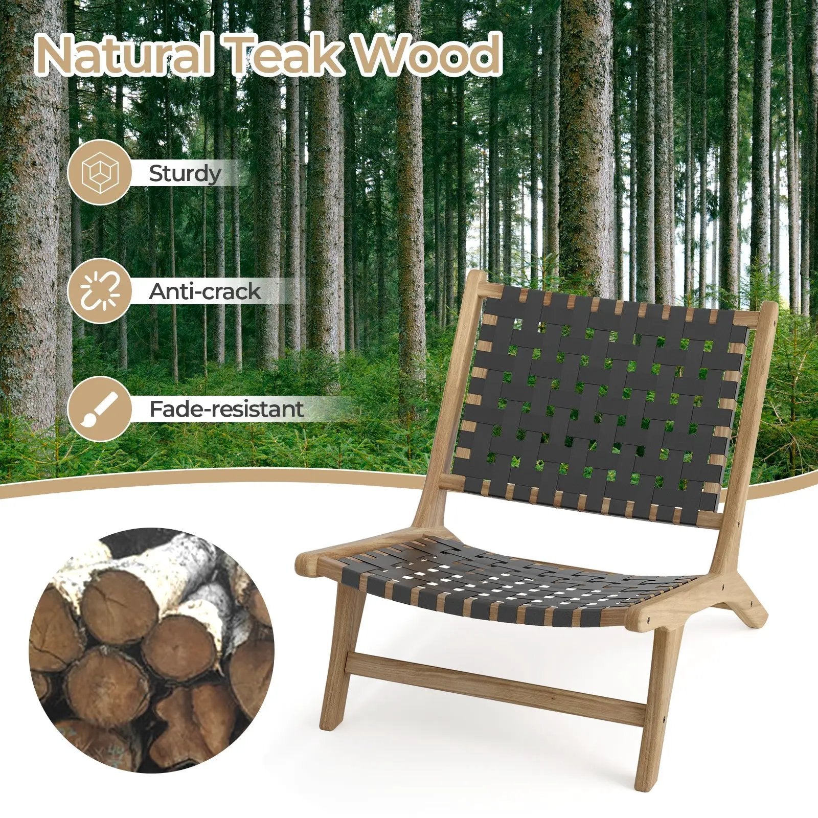 Modern Armless Teak Wood Lounge Chair with Nylon Woven Backrest and Seat by DirectDeals