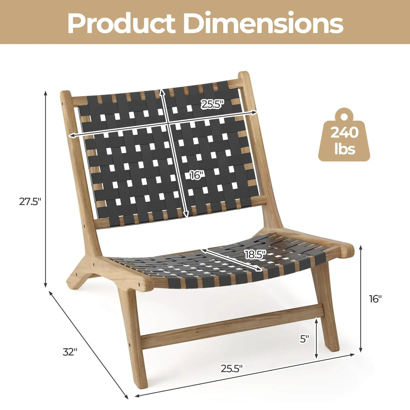 Modern Armless Teak Wood Lounge Chair with Nylon Woven Backrest and Seat by DirectDeals