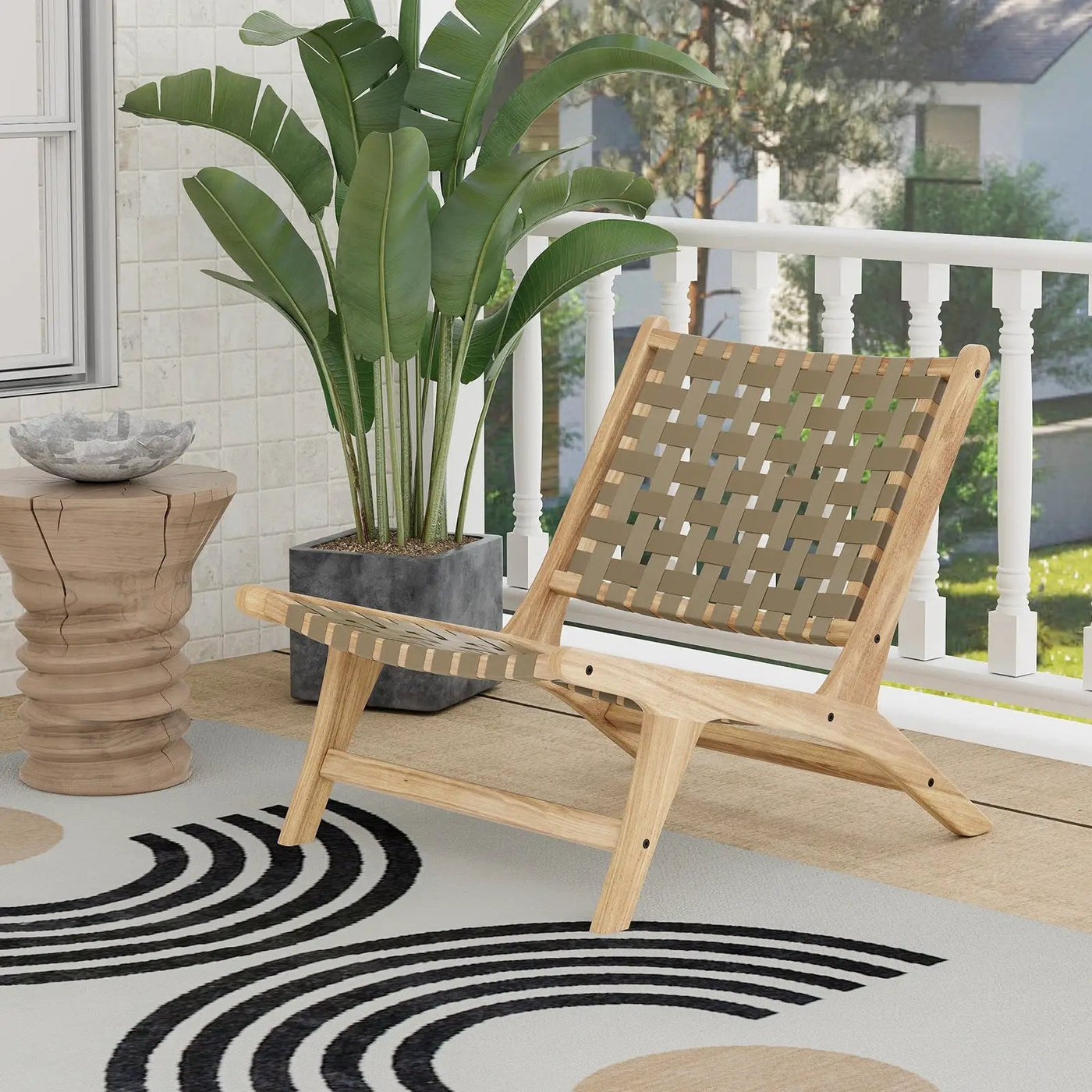 Modern Armless Teak Wood Lounge Chair with Nylon Woven Backrest and Seat by DirectDeals