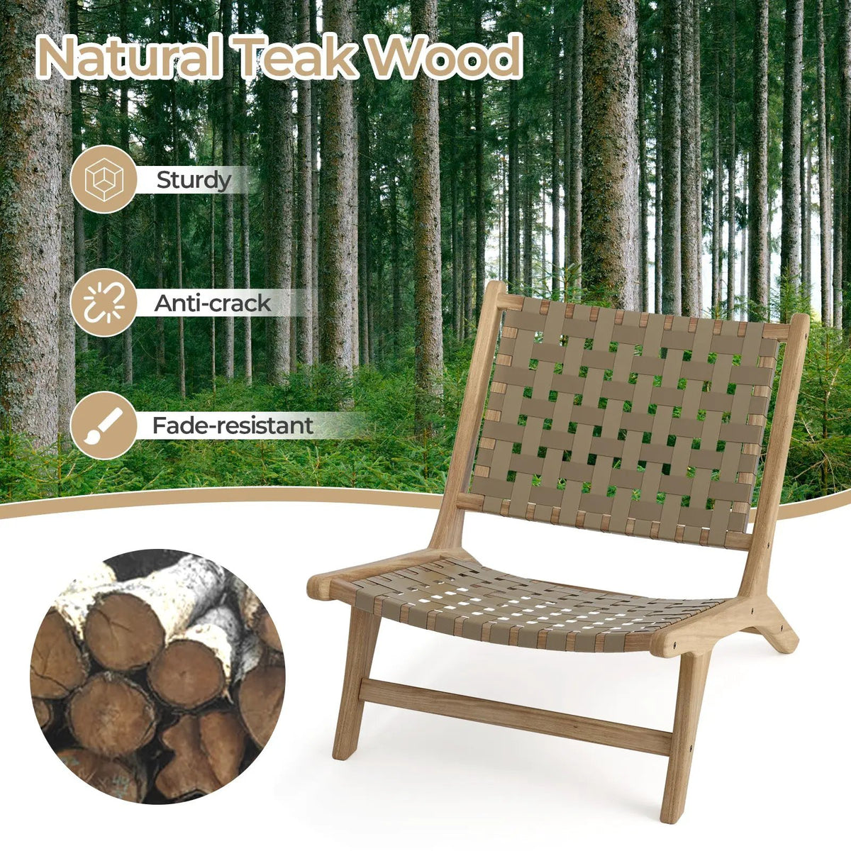 Modern Armless Teak Wood Lounge Chair with Nylon Woven Backrest and Seat by DirectDeals