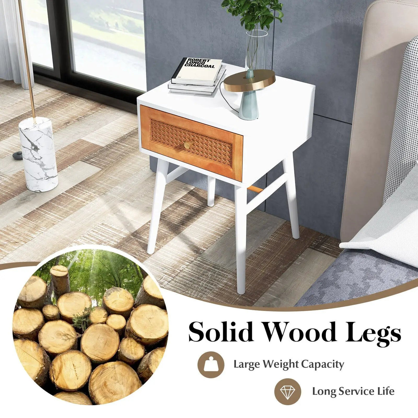 1-Drawer Modern Bedside Table with Solid Wood Legs by DirectDeals