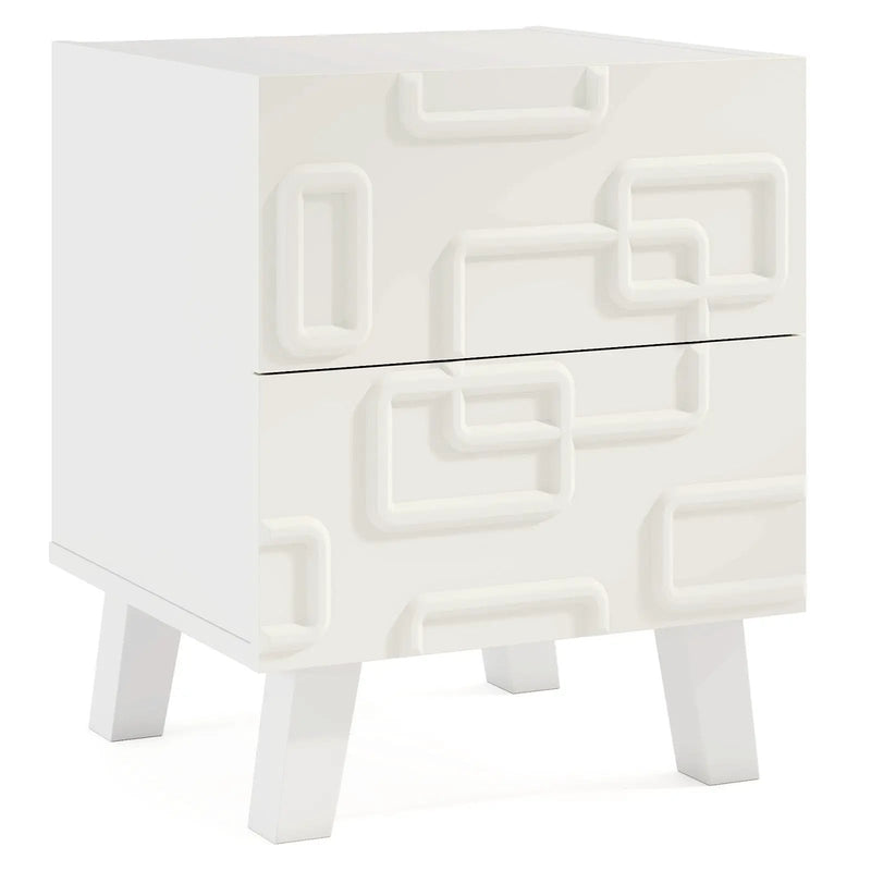 Modern Nightstand Side Table with Drawers and 3D Geometric Patterns-White by DirectDeals