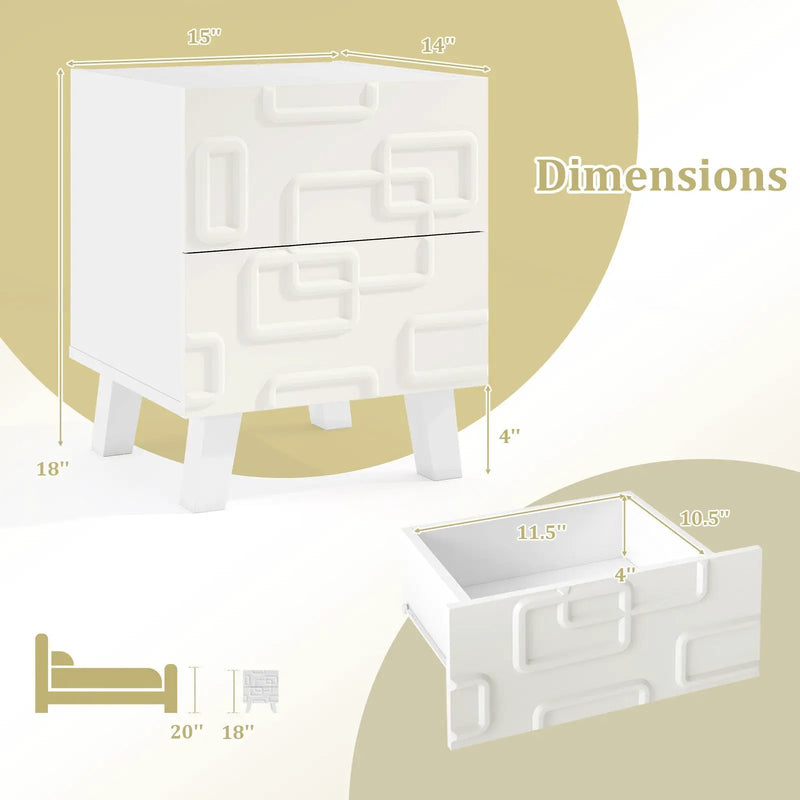 Modern Nightstand Side Table with Drawers and 3D Geometric Patterns-White by DirectDeals