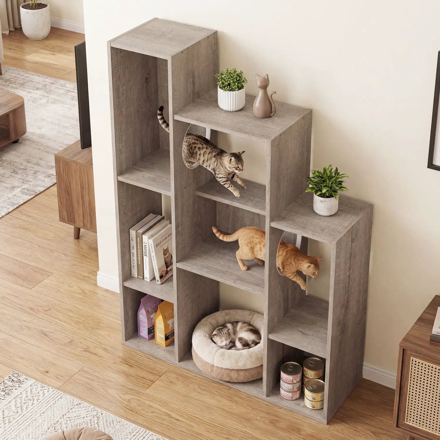 Modern Cat Bookshelf Cat Tree 8-Section Storage Cabinet with 2 Round Holes by DirectDeals